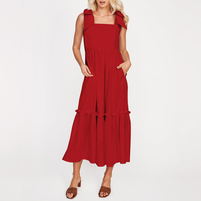 LB | Ladies One Colour Tie Shoulder Ruffle Hem Maxi Dress