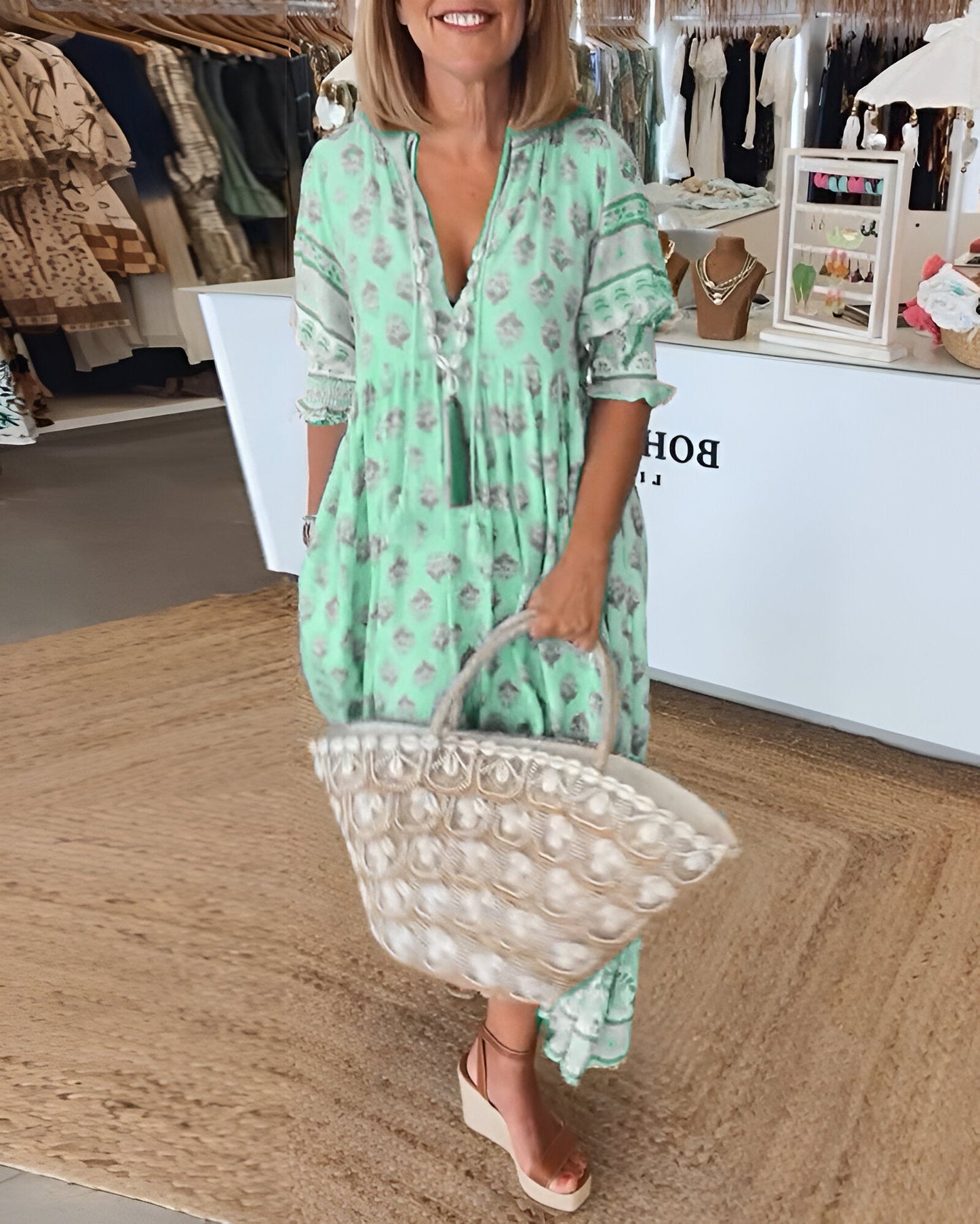 LB | Sukienka maxi w stylu boho - Dekolt w szpic - Luźny krój - Lekka i przewiewna
