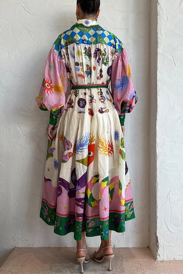 LB | Plisowana sukienka maxi w stylu retro we francuskim stylu dworskim z nadrukiem