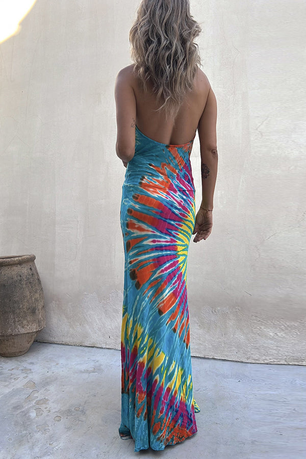 LB | Tie-dye Print Backless Stretch Maxi Dress z dekoltem w serek