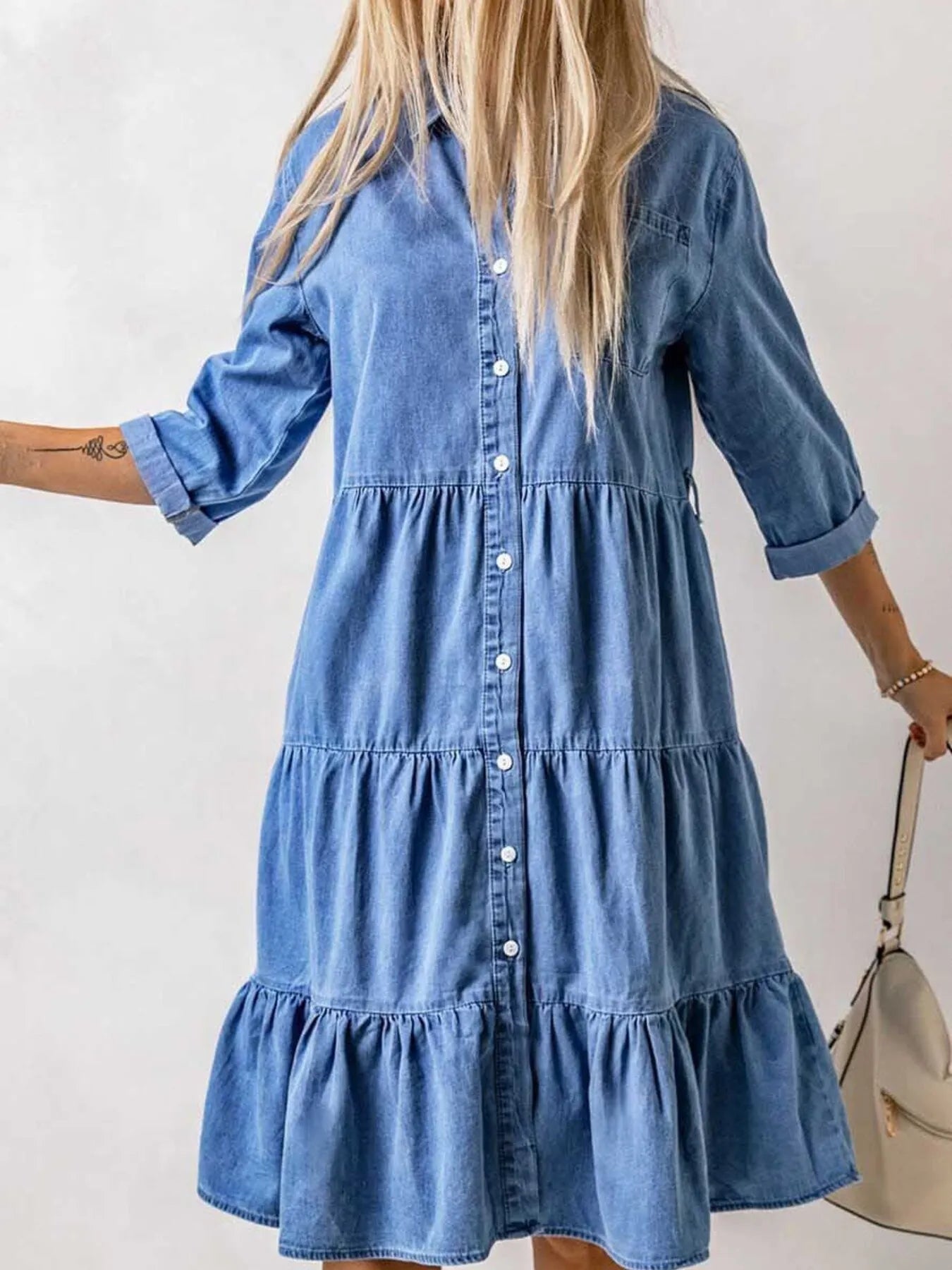 LB | Full Size Ruffled Hem Button Up Denim Midi Dress Plus Size