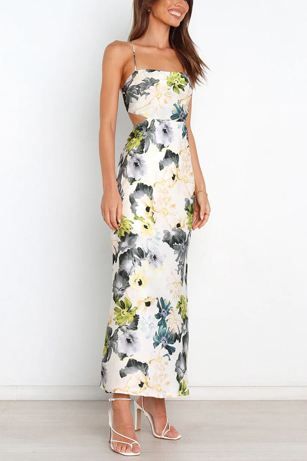 LB | Garden Party Floral Satin Cut Out Back Lace Up Maxi Dress