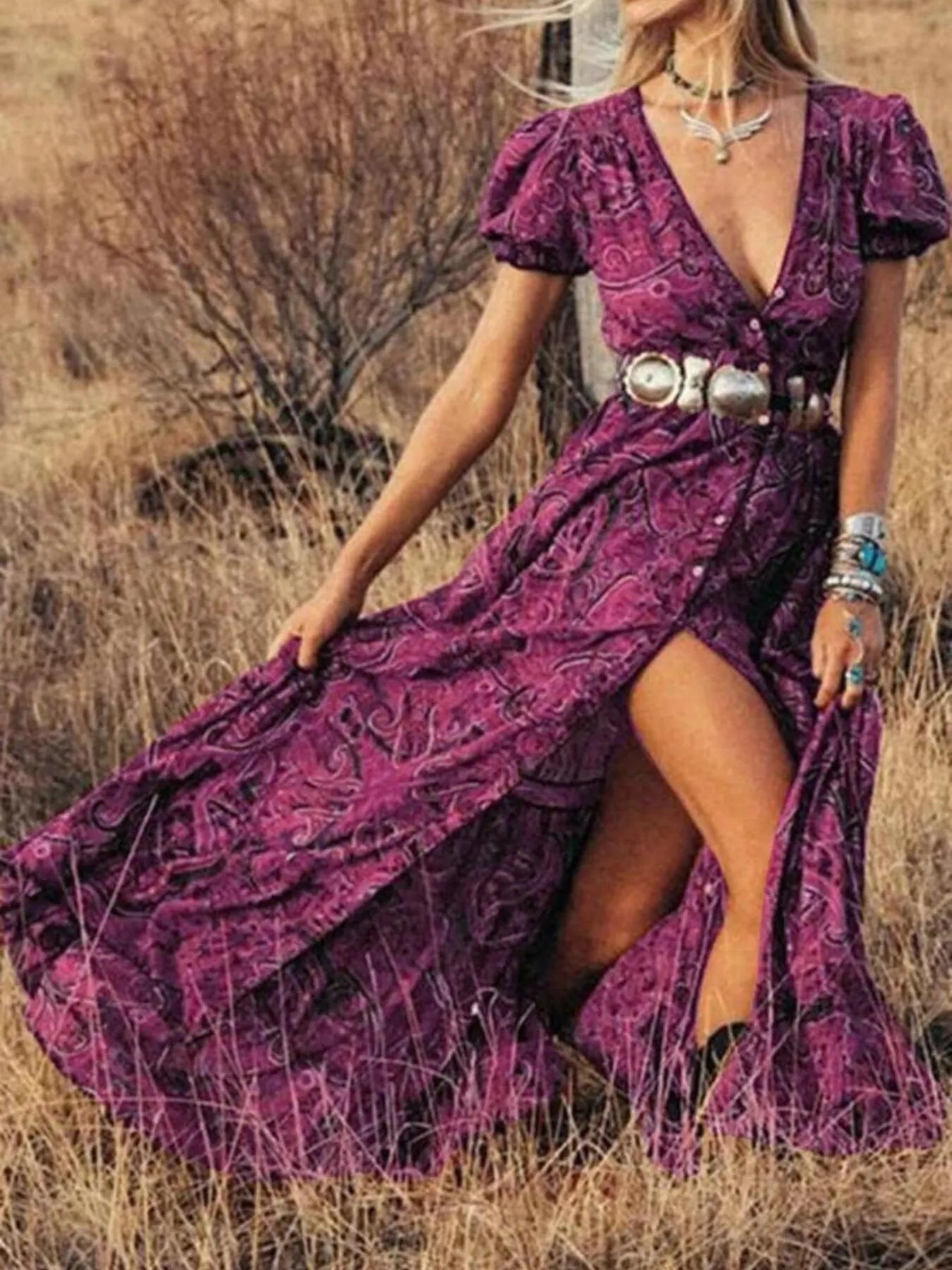 LB | Full Size Drukowana sukienka maxi z bufiastymi rękawami Plus Size