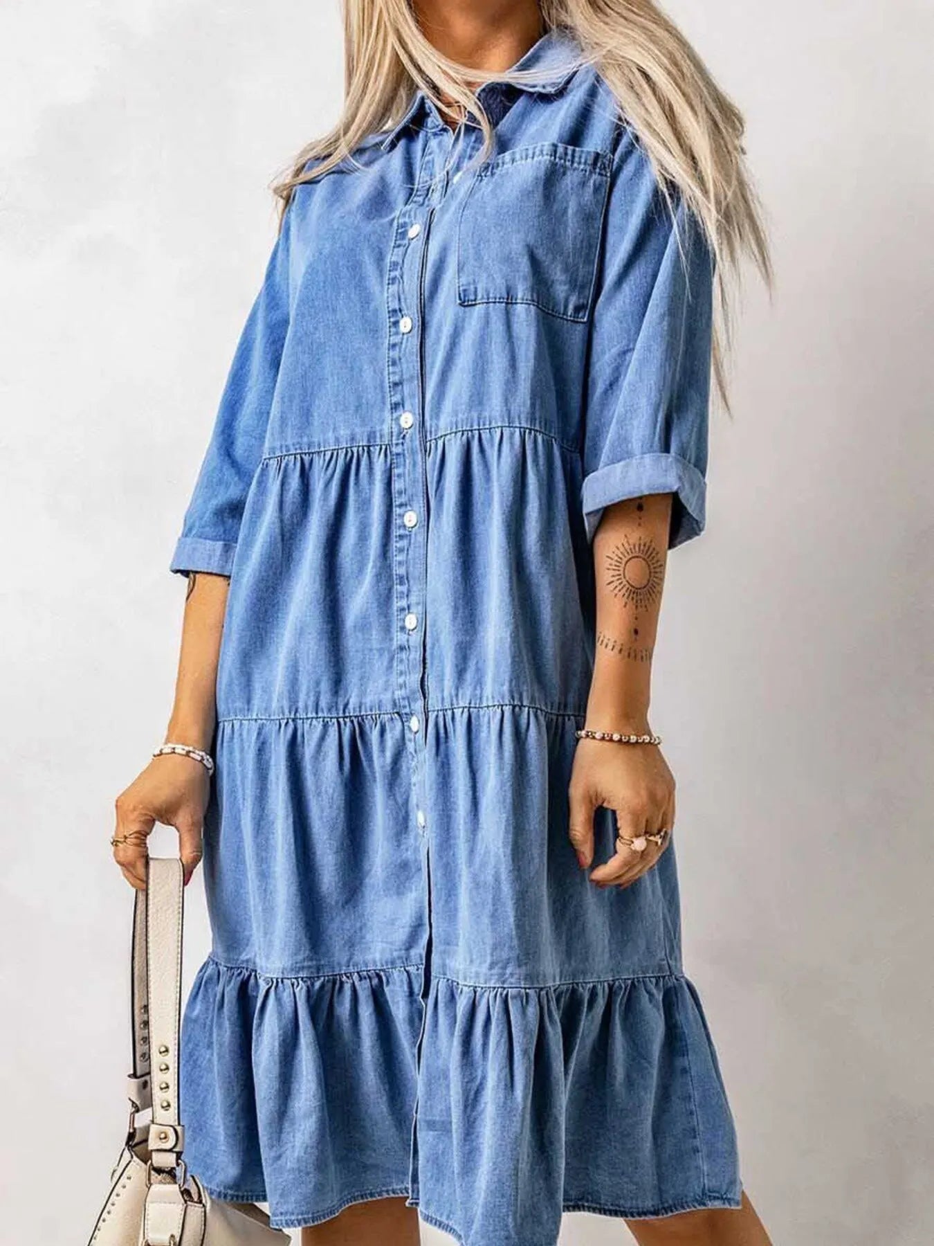 LB | Full Size Ruffled Hem Button Up Denim Midi Dress Plus Size