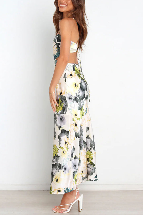 LB | Garden Party Floral Satin Cut Out Back Lace Up Maxi Dress