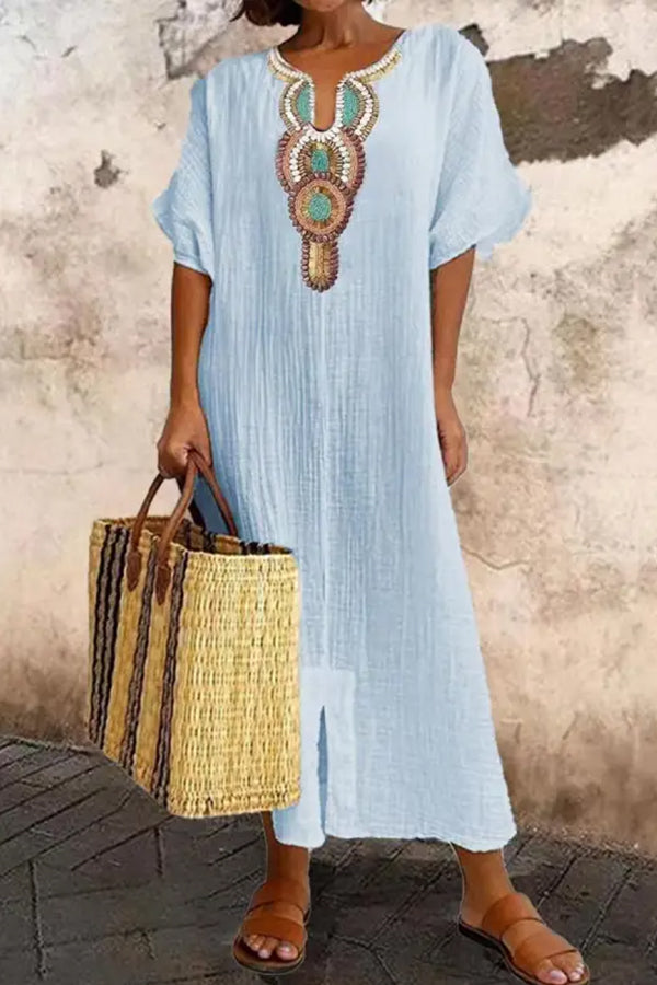 LB | V-Neck Casual Loose Retro Ethnic Print Sukienka Maxi z krótkim rękawem