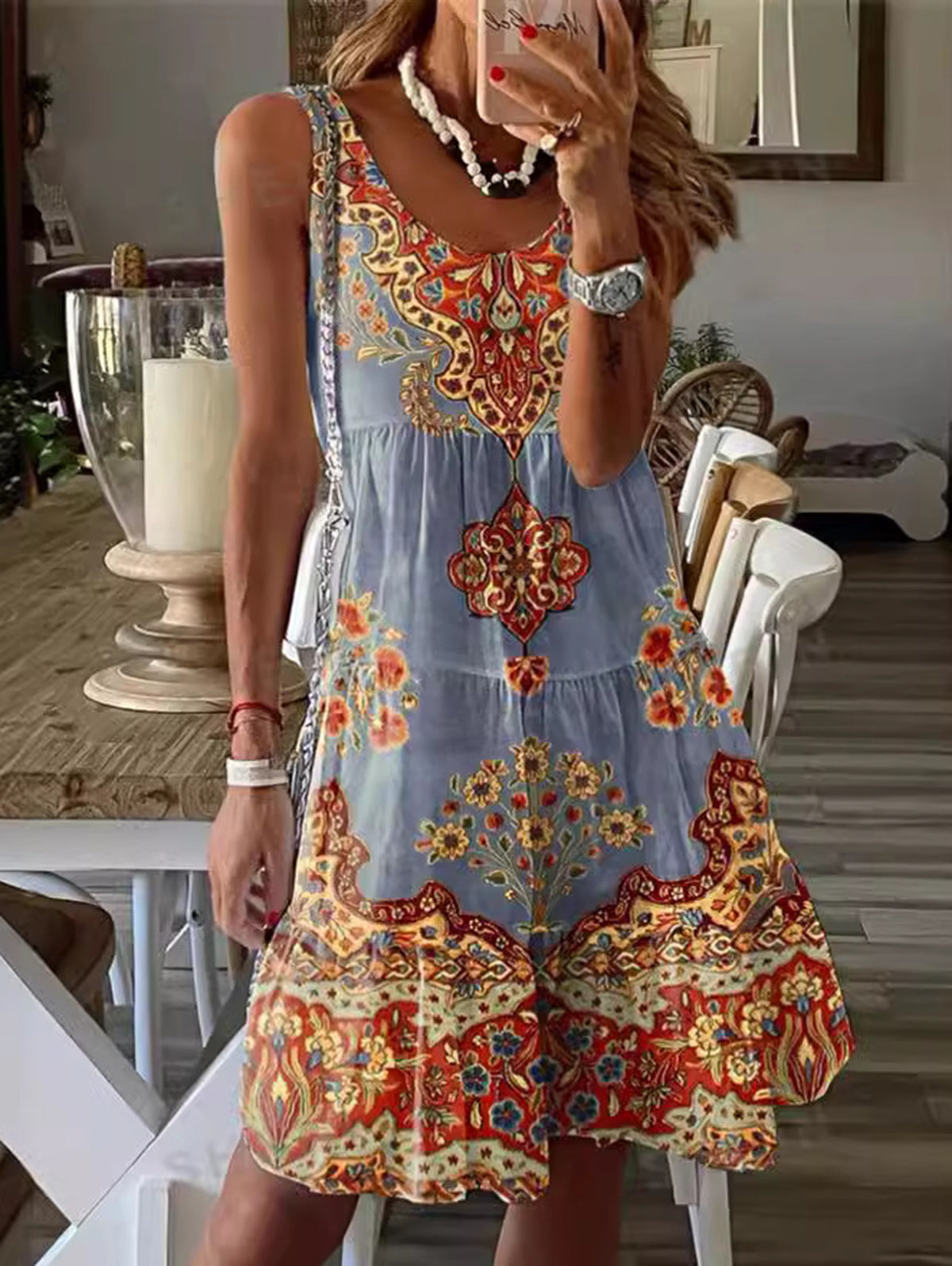 LB | Boho okrągły dekolt kwiatowy wzór mini sukienka bez rękawów