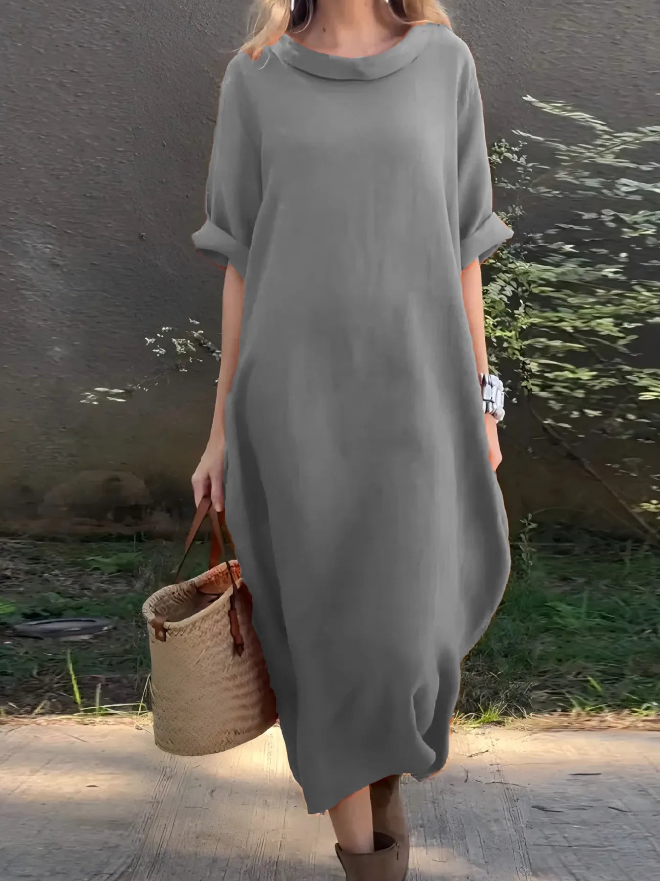 LB | Full Size Casual Loose Fit Round Neck Midi Dress Plus Size