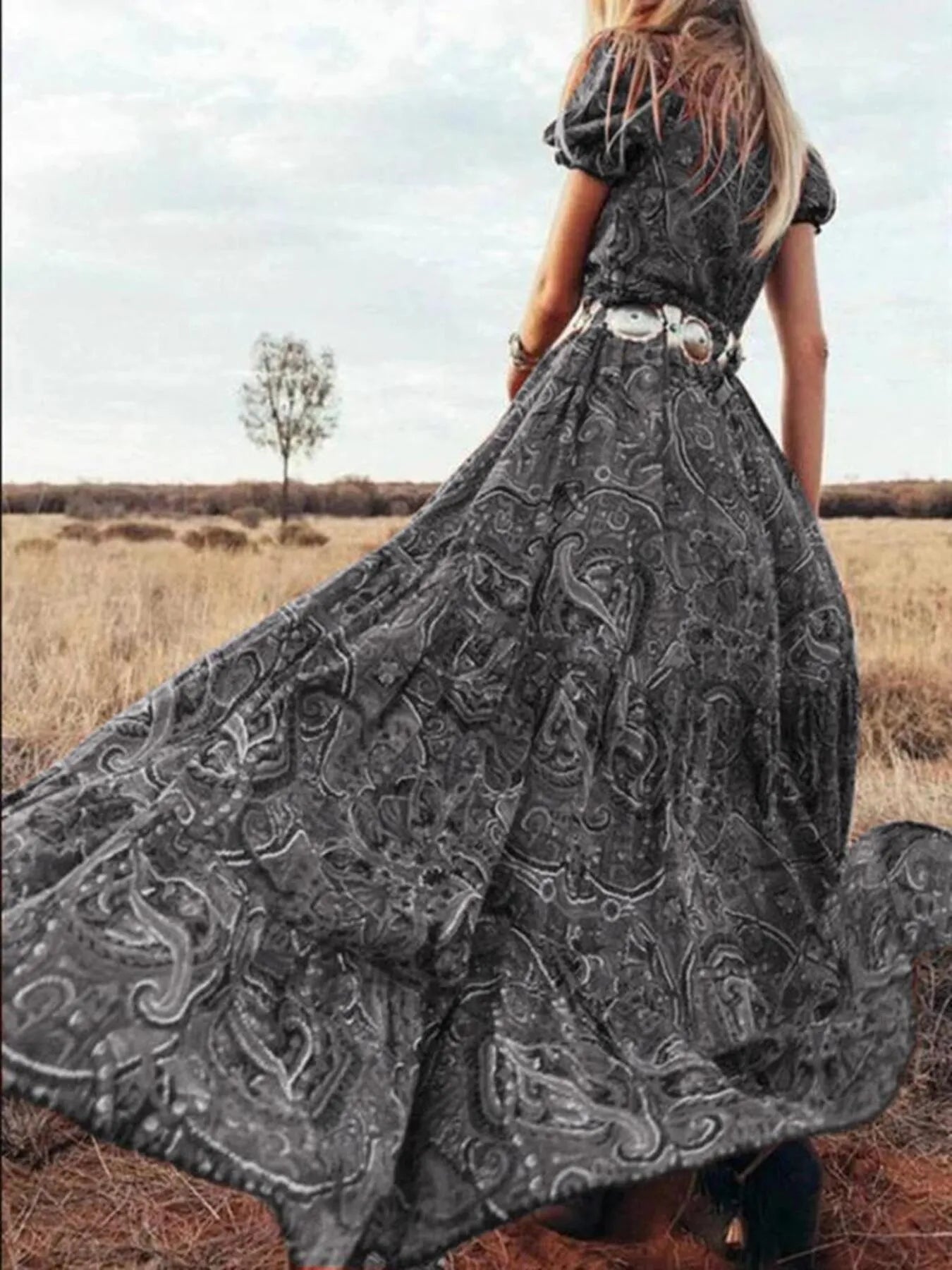 LB | Full Size Drukowana sukienka maxi z bufiastymi rękawami Plus Size