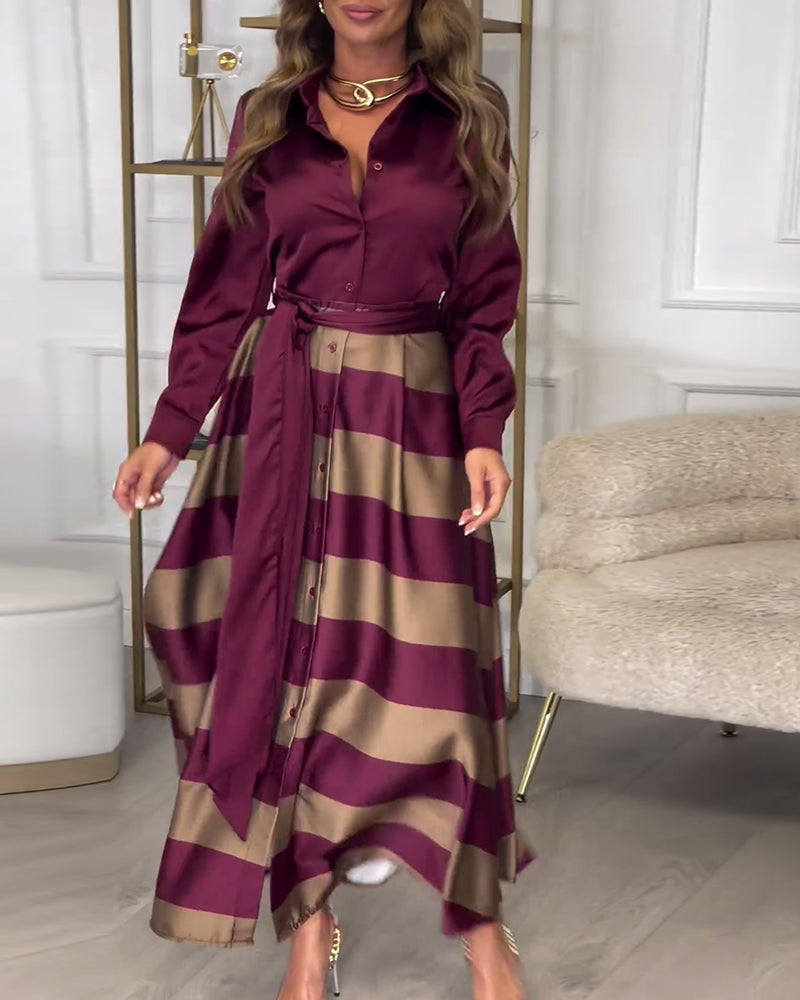 LB | Elegancka koszulowa sukienka maxi z paskiem