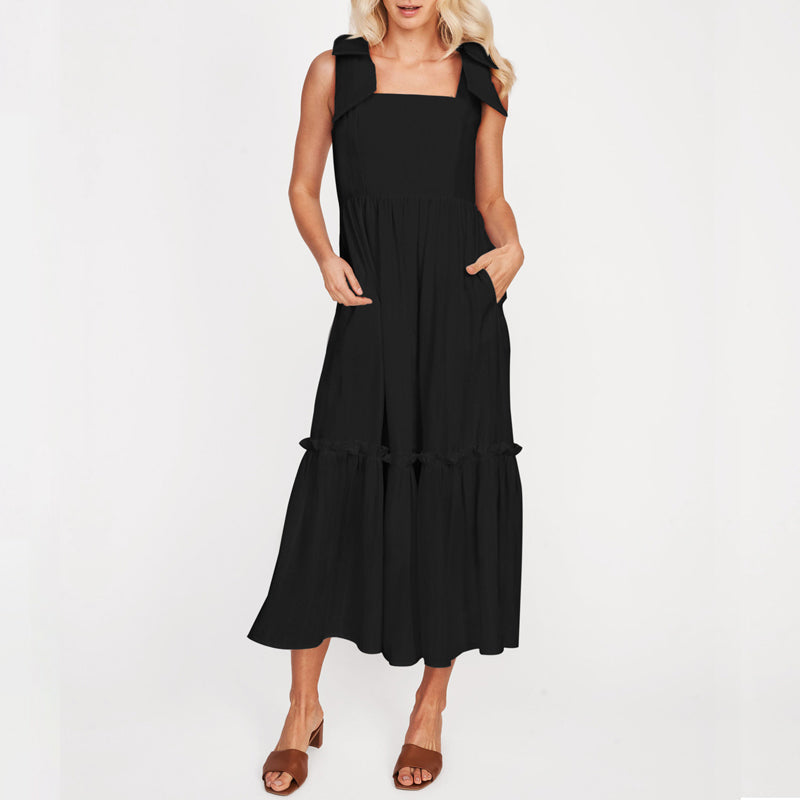 LB | Ladies One Colour Tie Shoulder Ruffle Hem Maxi Dress