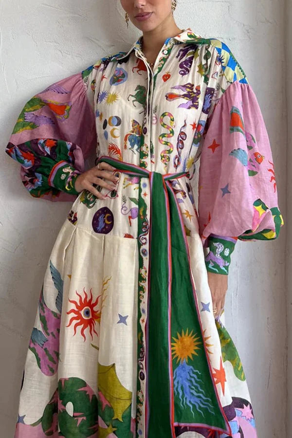 LB | Plisowana sukienka maxi w stylu retro we francuskim stylu dworskim z nadrukiem