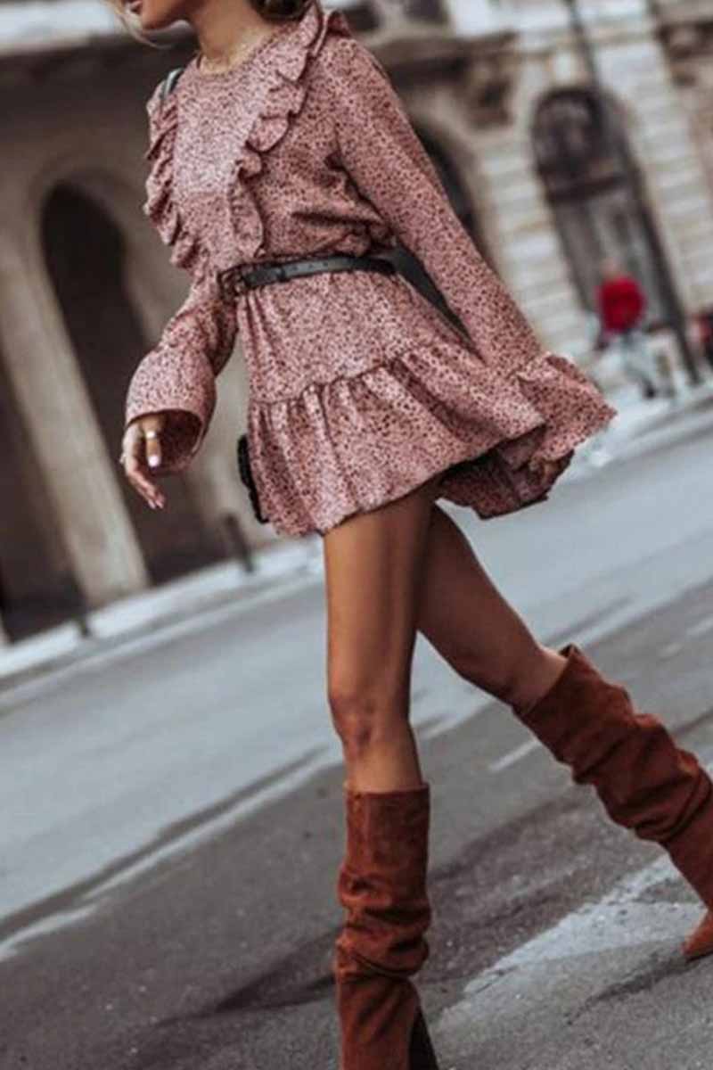LB | Omyke Ruffle Print Sukienka mini z długim rękawem