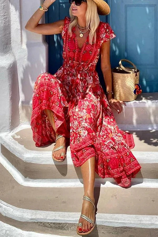 LB | Summer in Greece Boho Print Ruffle Sleeves Elastyczna talia Sukienka midi z wysokim stanem