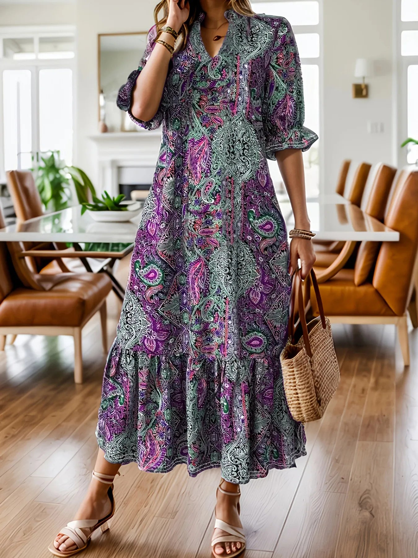 LB | Full Size Bohemian Paisley Print Ruffle Hem Midi Dress Plus Size
