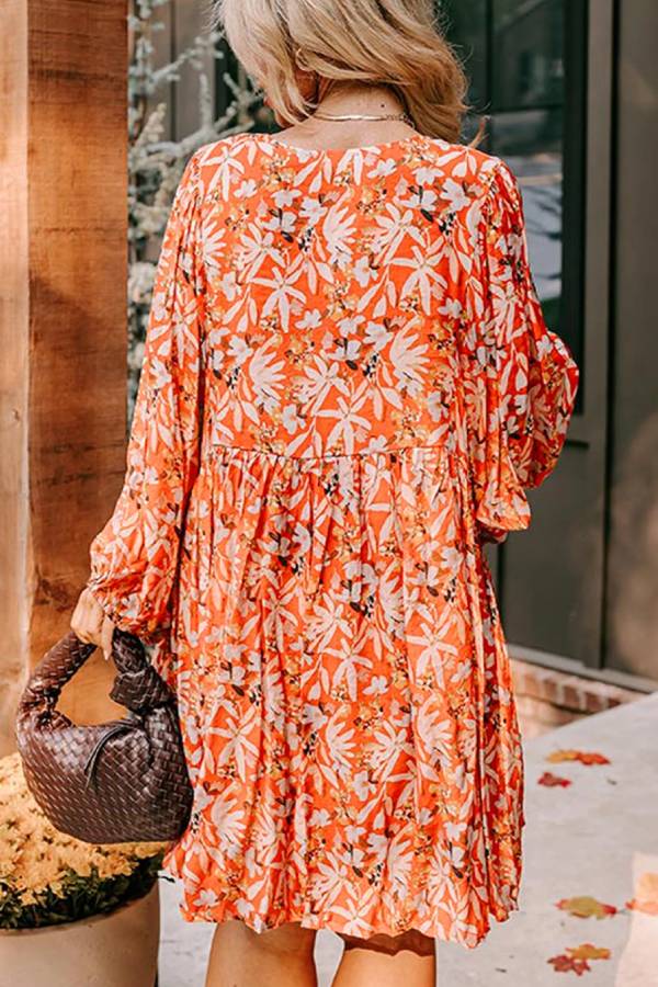 LB | Pomarańczowa sukienka midi w kwiaty z rozcięciem pod szyją i bąbelkowym rękawem Plus Size