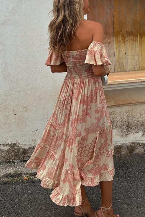 LB | Pitaya Unique Print Off Shoulder Smocked Ruffle Sleeve Warstwowa sukienka midi