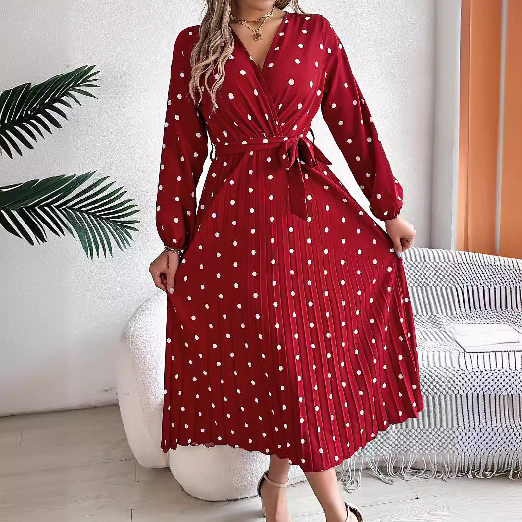 LB | Elegancka kontrastowa sukienka Maxi w kropki z plisowanym dekoltem w serek dla kobiet