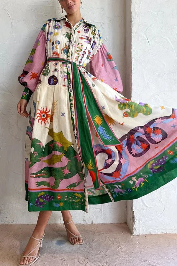 LB | Plisowana sukienka maxi w stylu retro we francuskim stylu dworskim z nadrukiem