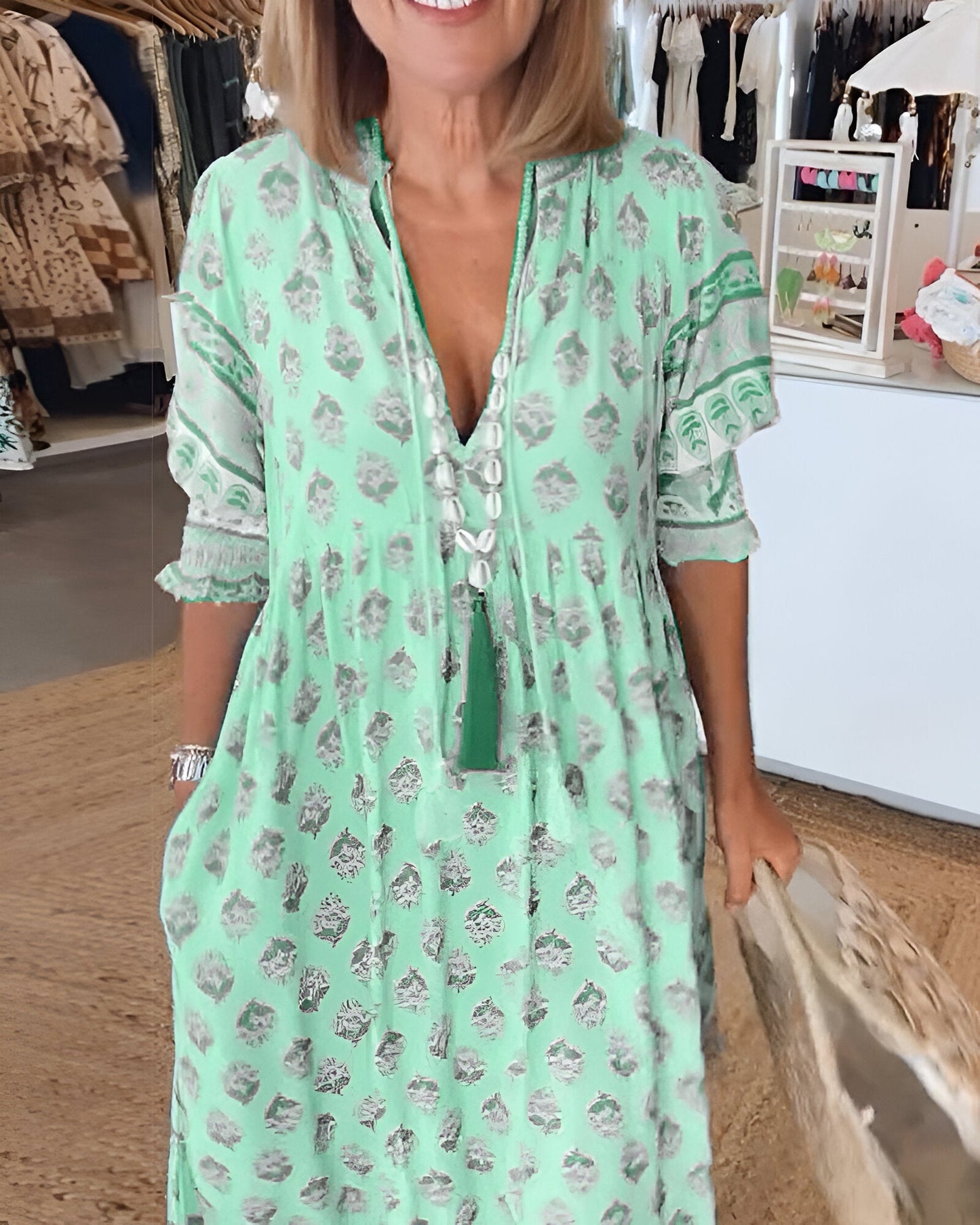 LB | Sukienka maxi w stylu boho - Dekolt w szpic - Luźny krój - Lekka i przewiewna