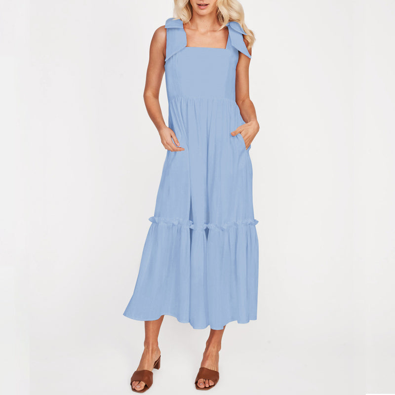 LB | Ladies One Colour Tie Shoulder Ruffle Hem Maxi Dress