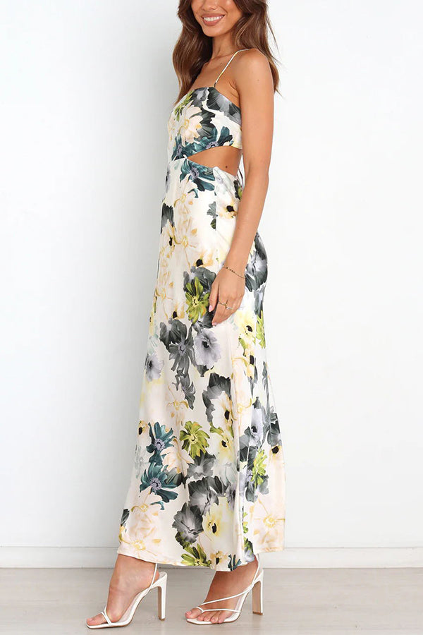 LB | Garden Party Floral Satin Cut Out Back Lace Up Maxi Dress