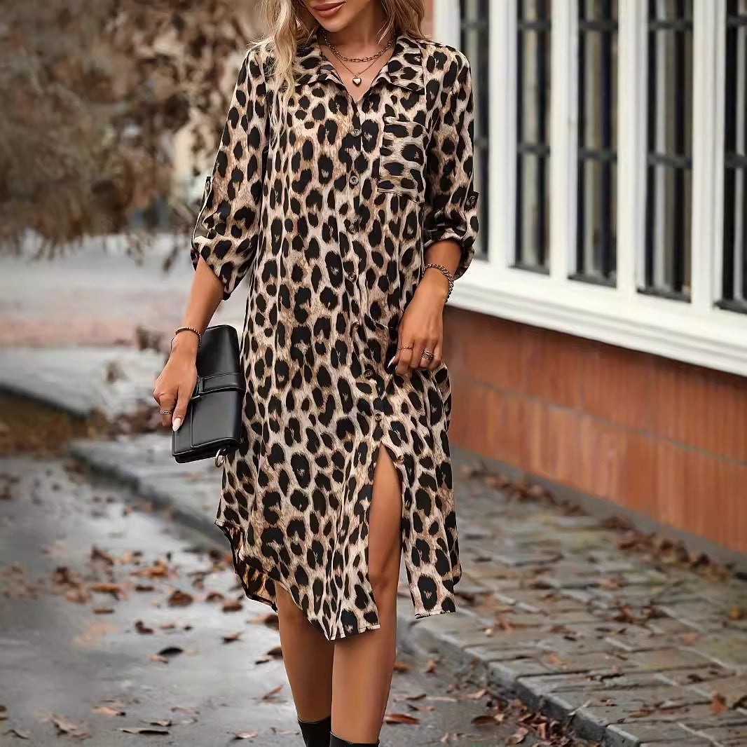 LB | Leopard Print Beach Cover-up V-Neck Robe Holiday Bikini Dress