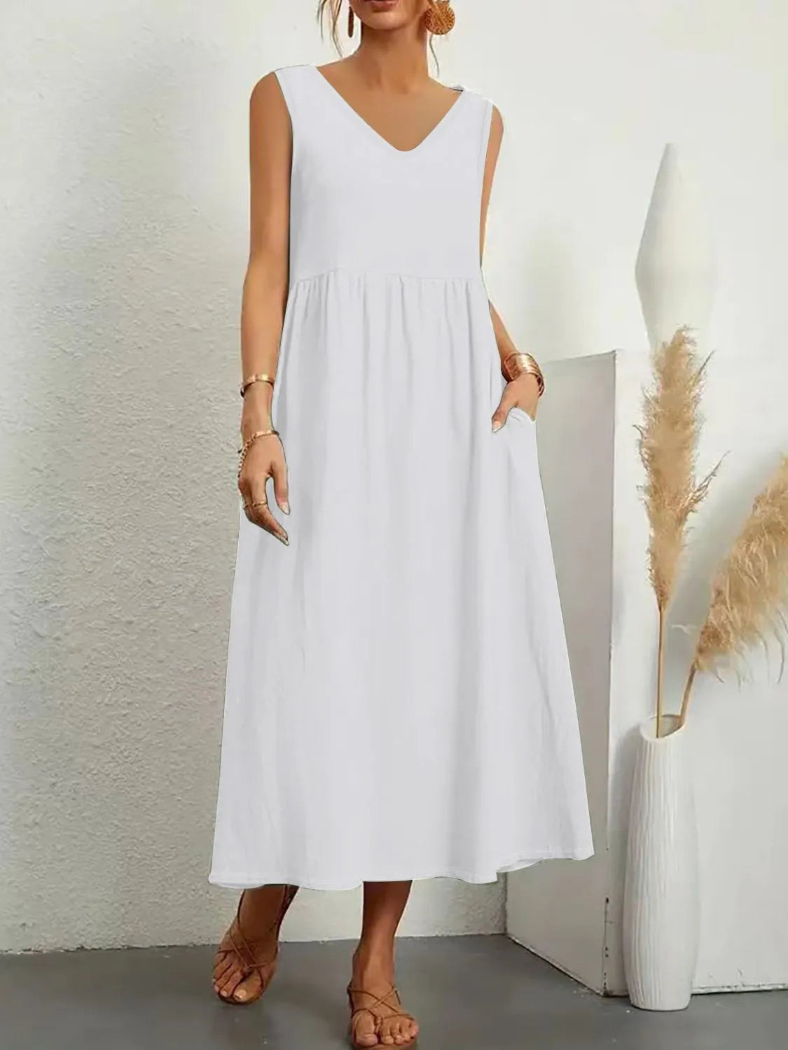 LB | Full Size Pocketed V-Neck Sleeveless Midi Dress Plus Size
