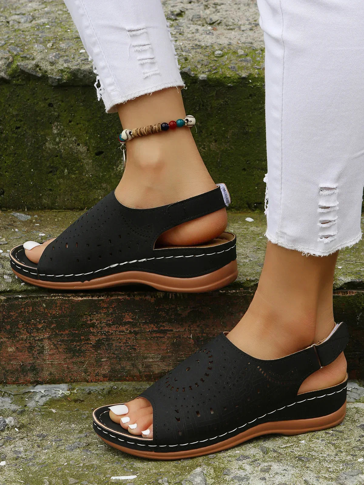 AS | Ethnic Pattern Punched Hollow Velcro Retro Sandały