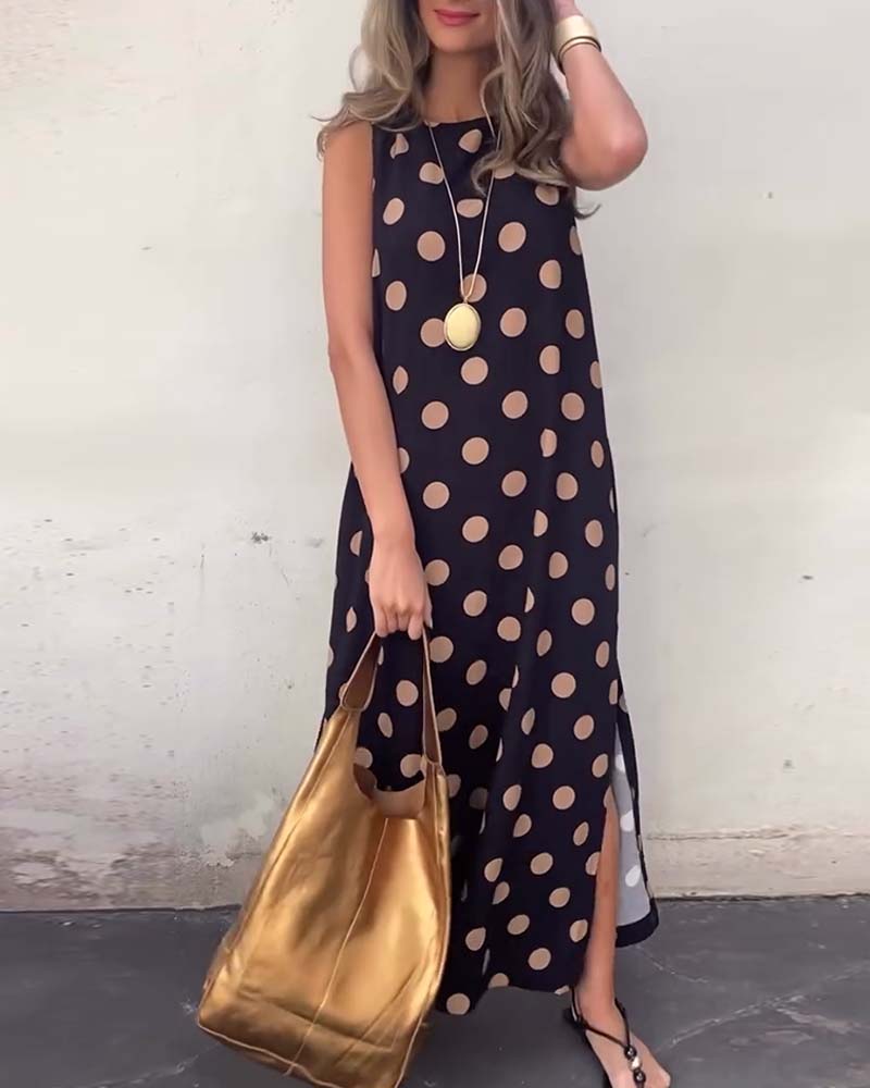 LB | Sukienka bez rękawów z rozcięciem w kropki Maxi Dress