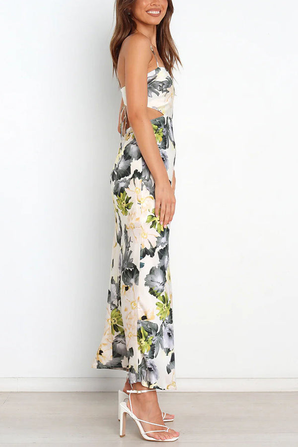 LB | Garden Party Floral Satin Cut Out Back Lace Up Maxi Dress