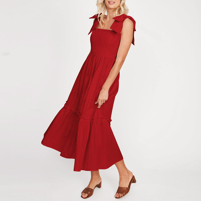 LB | Ladies One Colour Tie Shoulder Ruffle Hem Maxi Dress