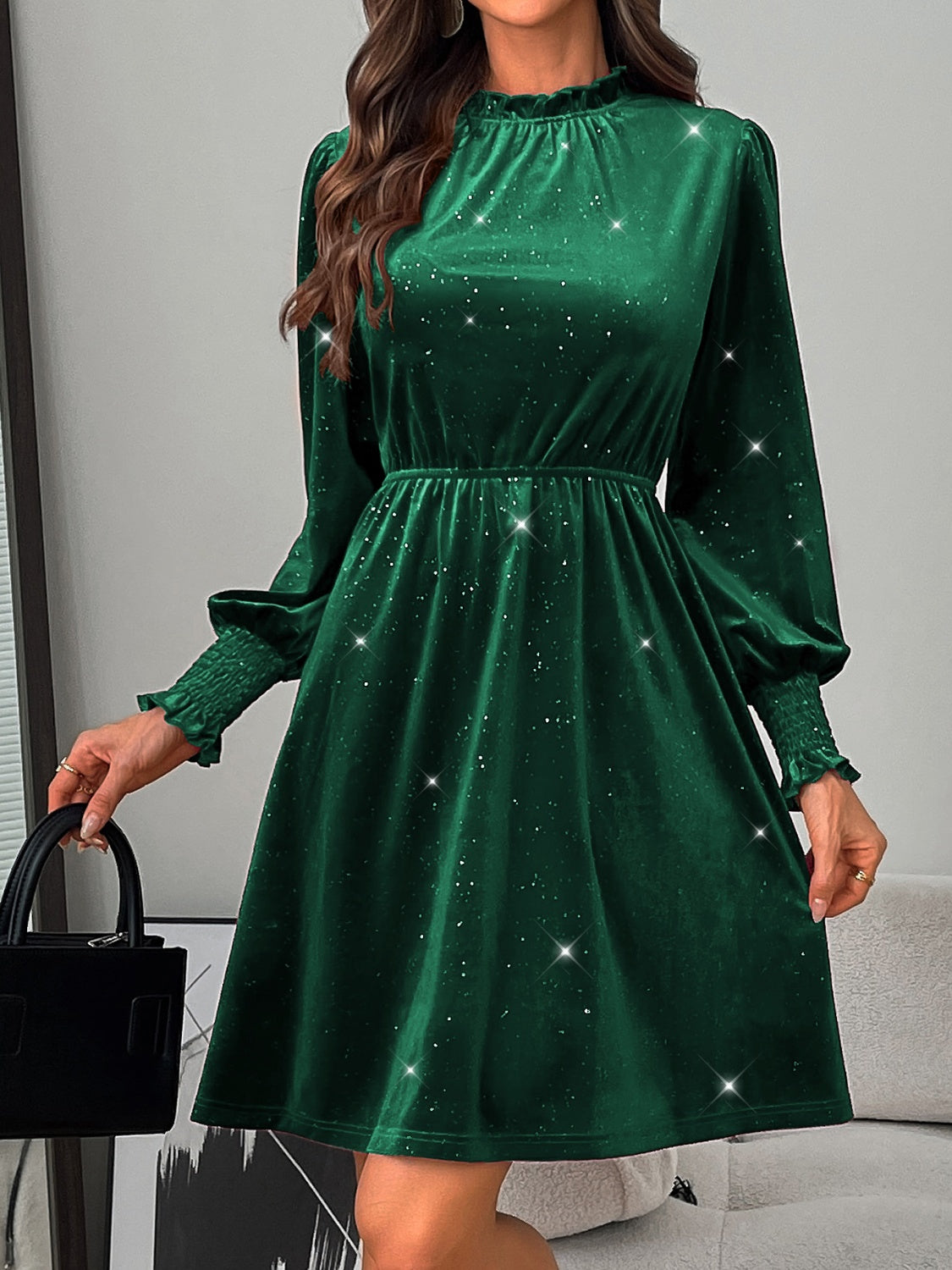 LB | Glitter Mock Neck Sukienka mini z długim rękawem