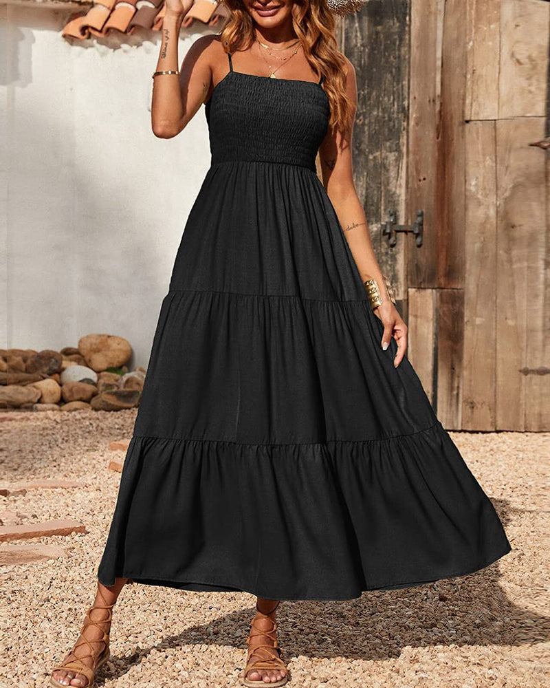 LB | Bohemian Long Dress Spaghetti Strap Solid Swing Beach Sleeveless Maxi Dress