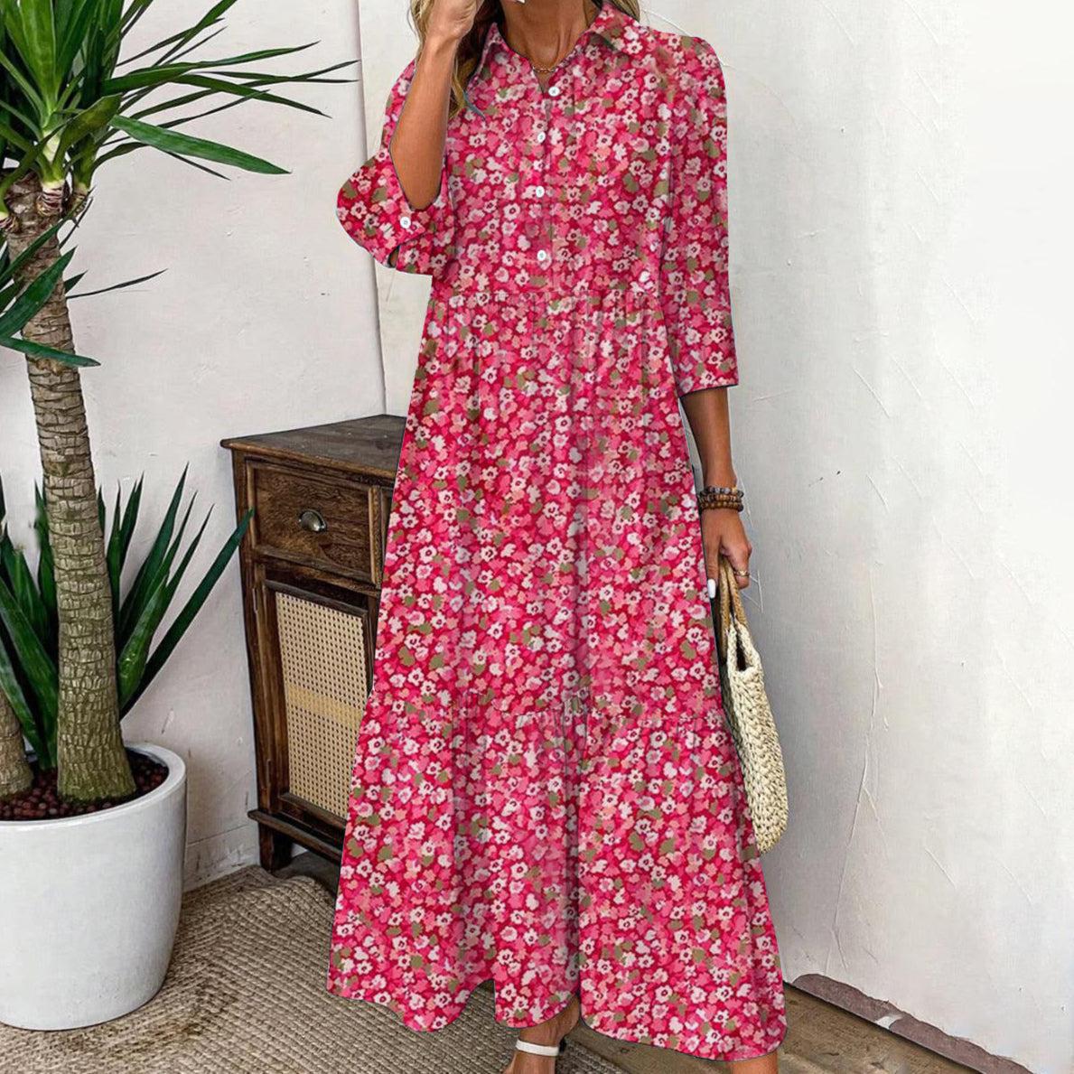 LB | Watermelon Ditsy Floral Print Maxi Dress z kołnierzykiem