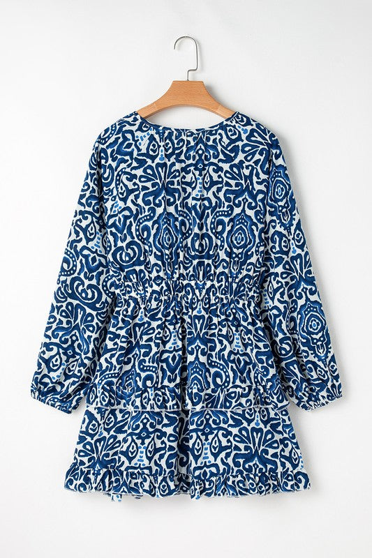 LB | Women Print Lace up V Neck Sukienka mini z długim rękawem
