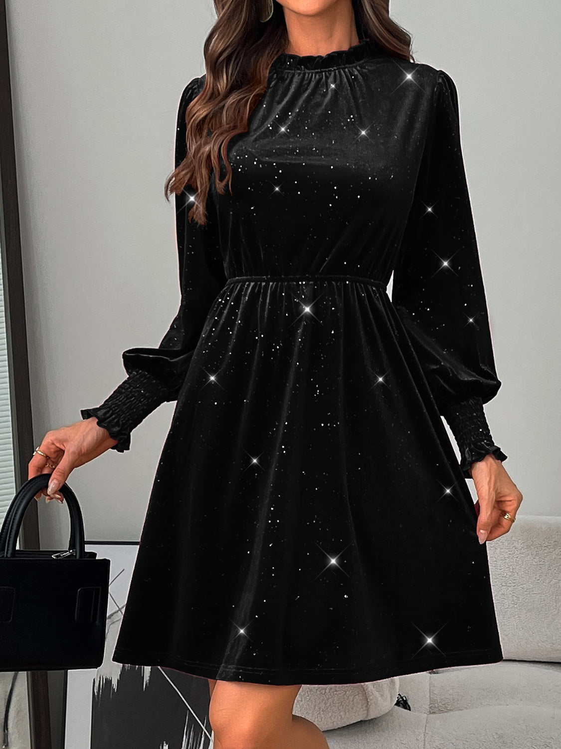 LB | Glitter Mock Neck Sukienka mini z długim rękawem