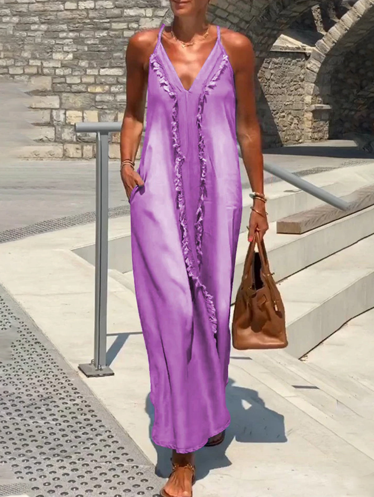 LB | Raw Edge V-neck pocket maxi dress bez rękawów