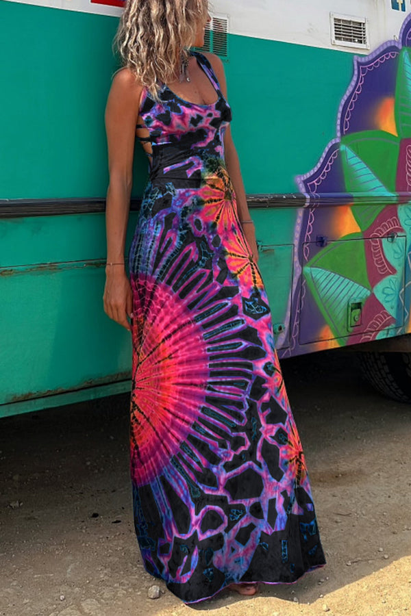 LB | Elastyczna sukienka maxi z nadrukiem w kolorze tie-dye na plecach