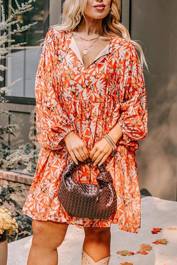 LB | Pomarańczowa sukienka midi w kwiaty z rozcięciem pod szyją i bąbelkowym rękawem Plus Size