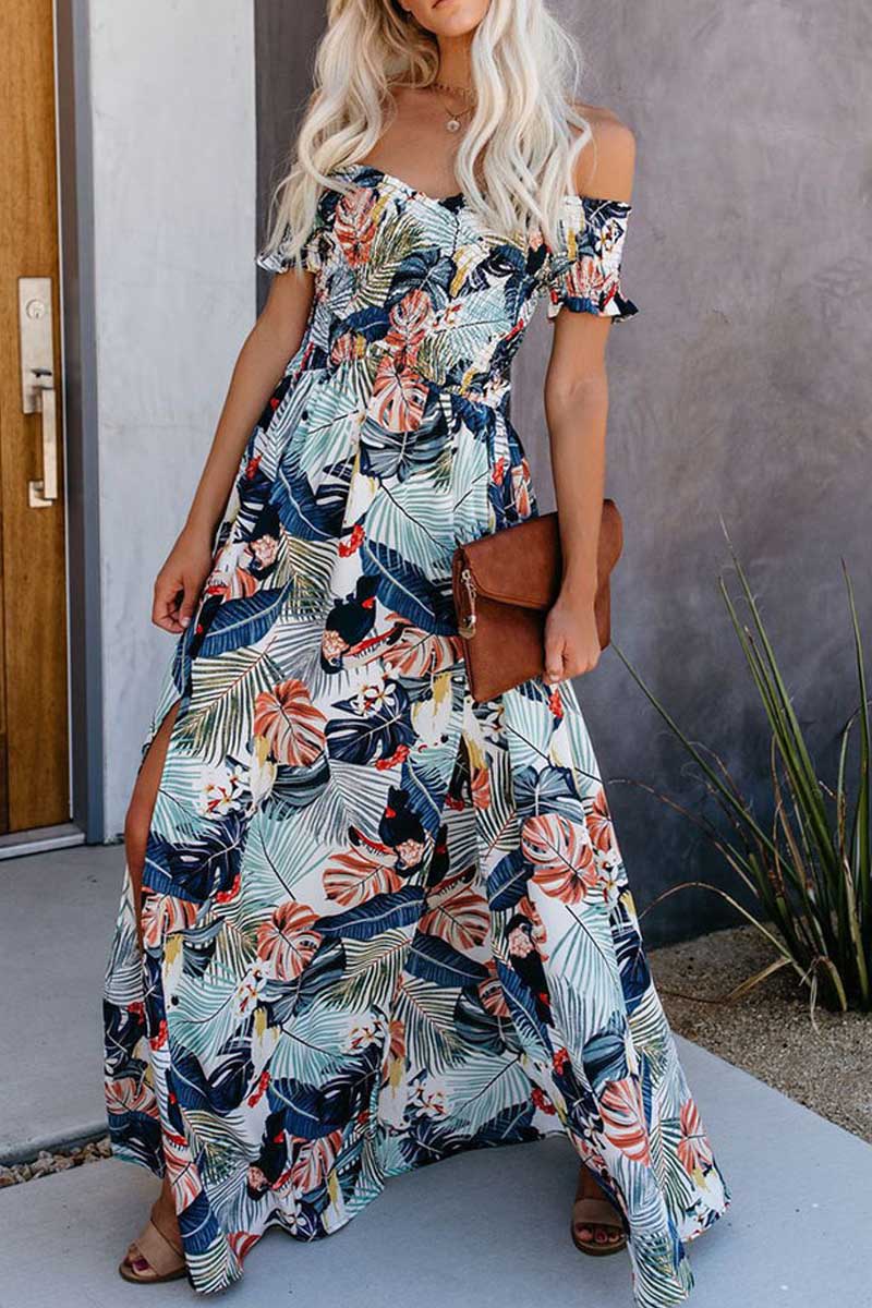LB | Casual Leaf Print Off Shoulder Wrap Chest Maxi Dress