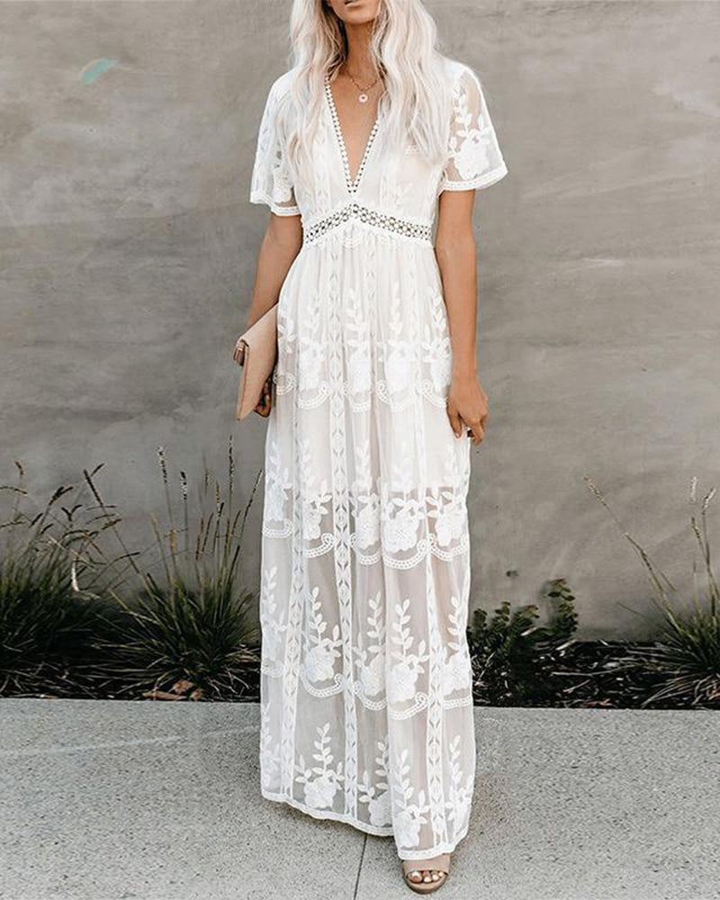LB | Boho Maxi Dress Haftowana biała koronkowa luźna wakacyjna sukienka plażowa maxi