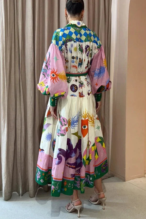LB | Plisowana sukienka maxi w stylu retro we francuskim stylu dworskim z nadrukiem