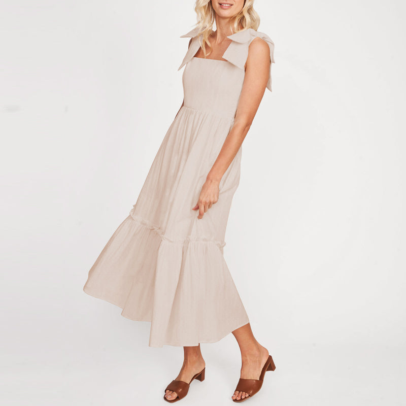 LB | Ladies One Colour Tie Shoulder Ruffle Hem Maxi Dress