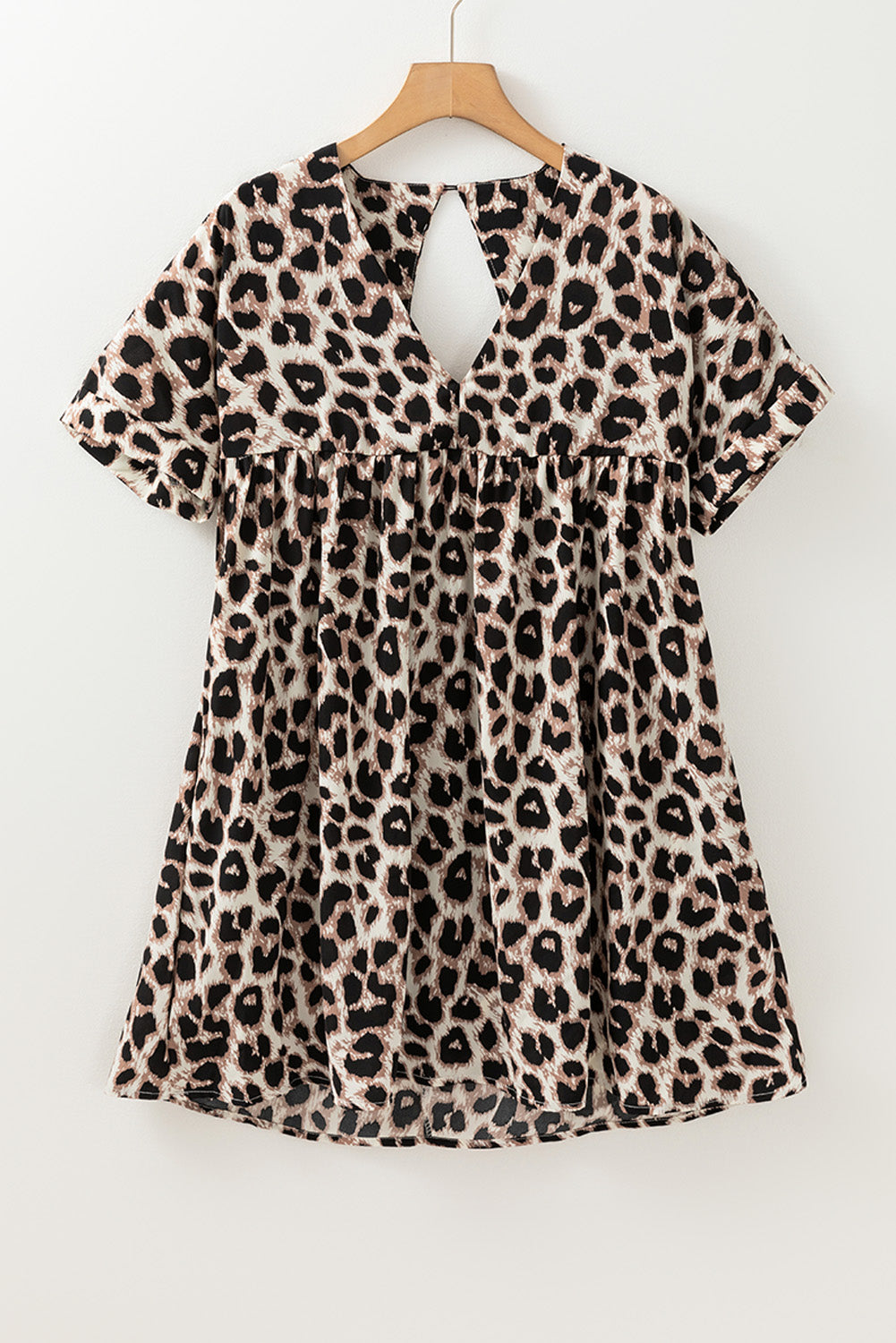 LB | Khaki Cheetah Print Backless V-Neck Luźna dopasowana mini sukienka