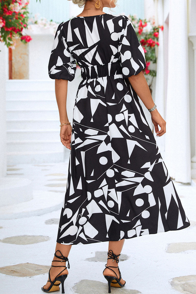 LB | Print V-neck Beach Bubble Sleeve Midi Dress