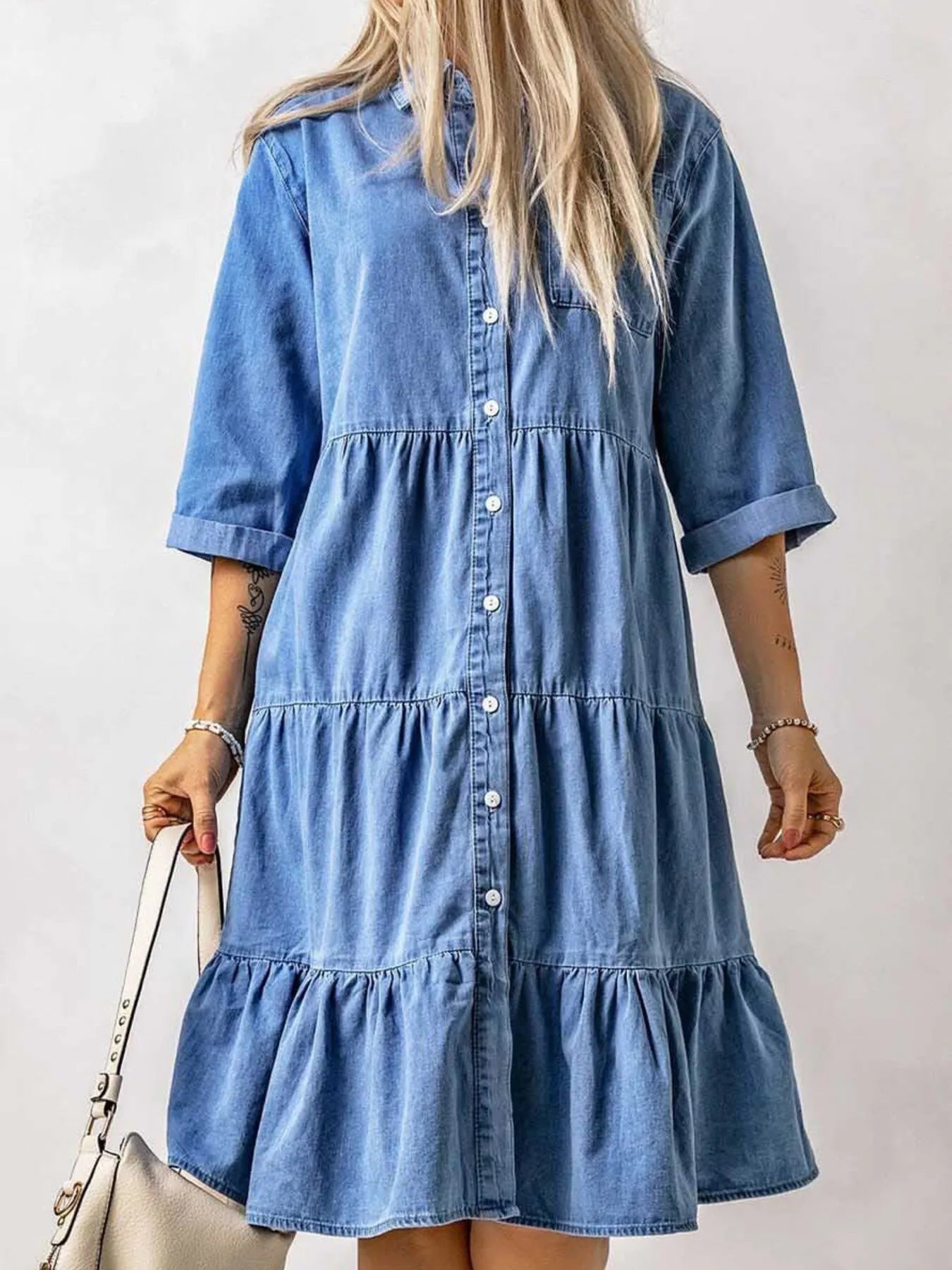 LB | Full Size Ruffled Hem Button Up Denim Midi Dress Plus Size
