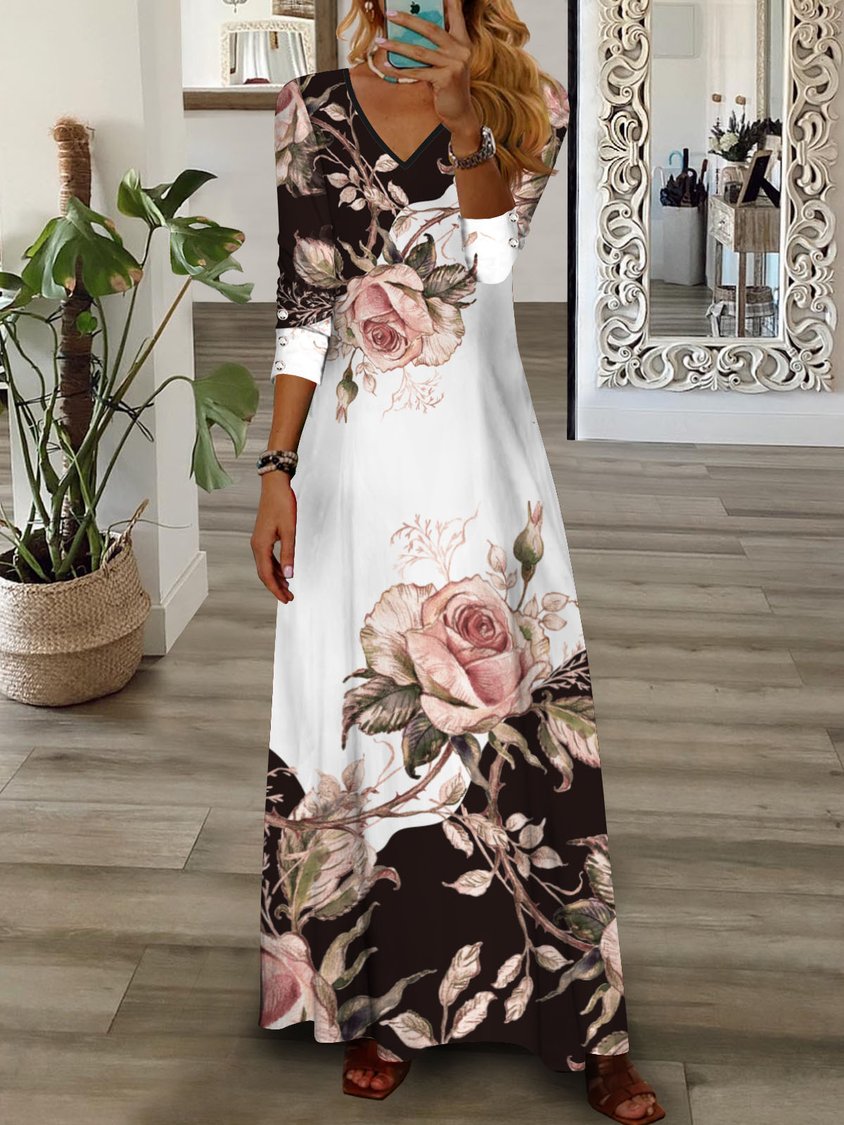 LB | Maxi Dress Floral V Neck Pink Green Blue Yellow Casual AT1004