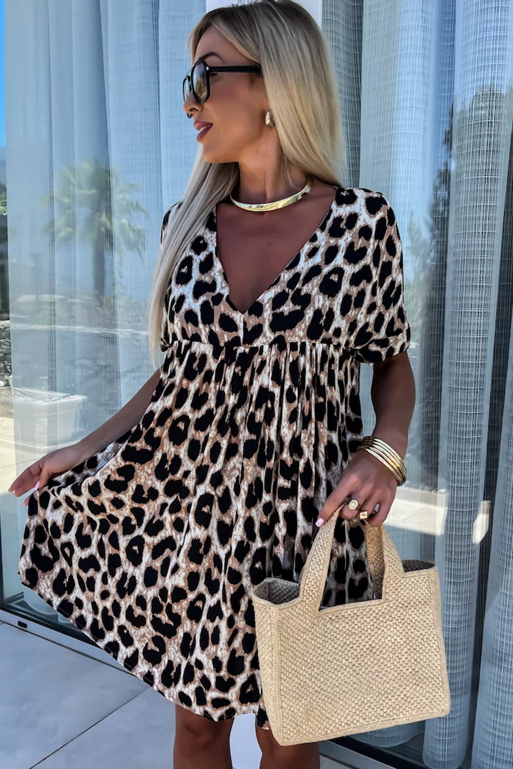 LB | Khaki Cheetah Print Backless V-Neck Luźna dopasowana mini sukienka