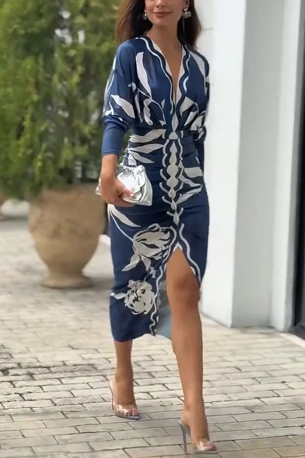 LB | Caliana Unique Print Dolman Long Sleeve Ruffled Slit Midi Dress